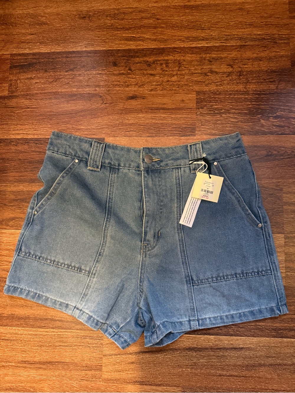 High-Rise Washed Blue Denim Utility Shorts - Women's